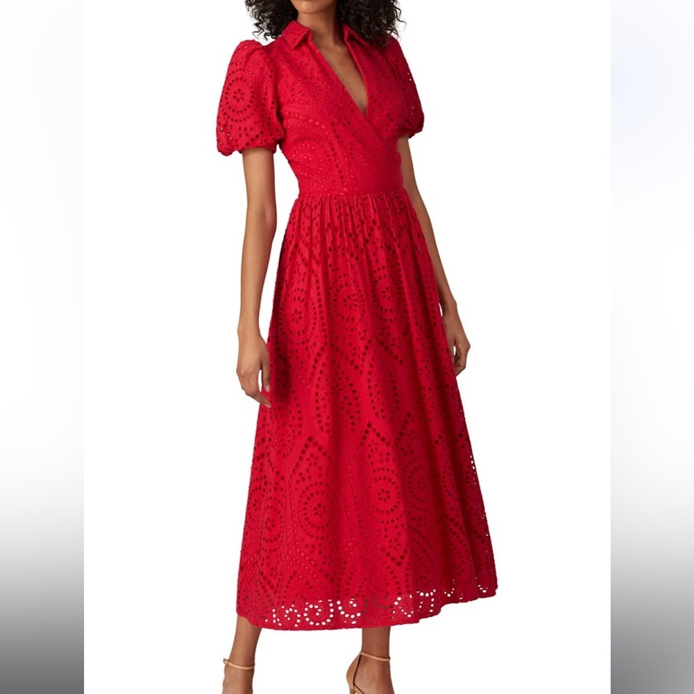 Badgley Mischka Eyelet Short Puff Sleeve V-Neck Faux Wrap Tie Midi Dress Red 4
